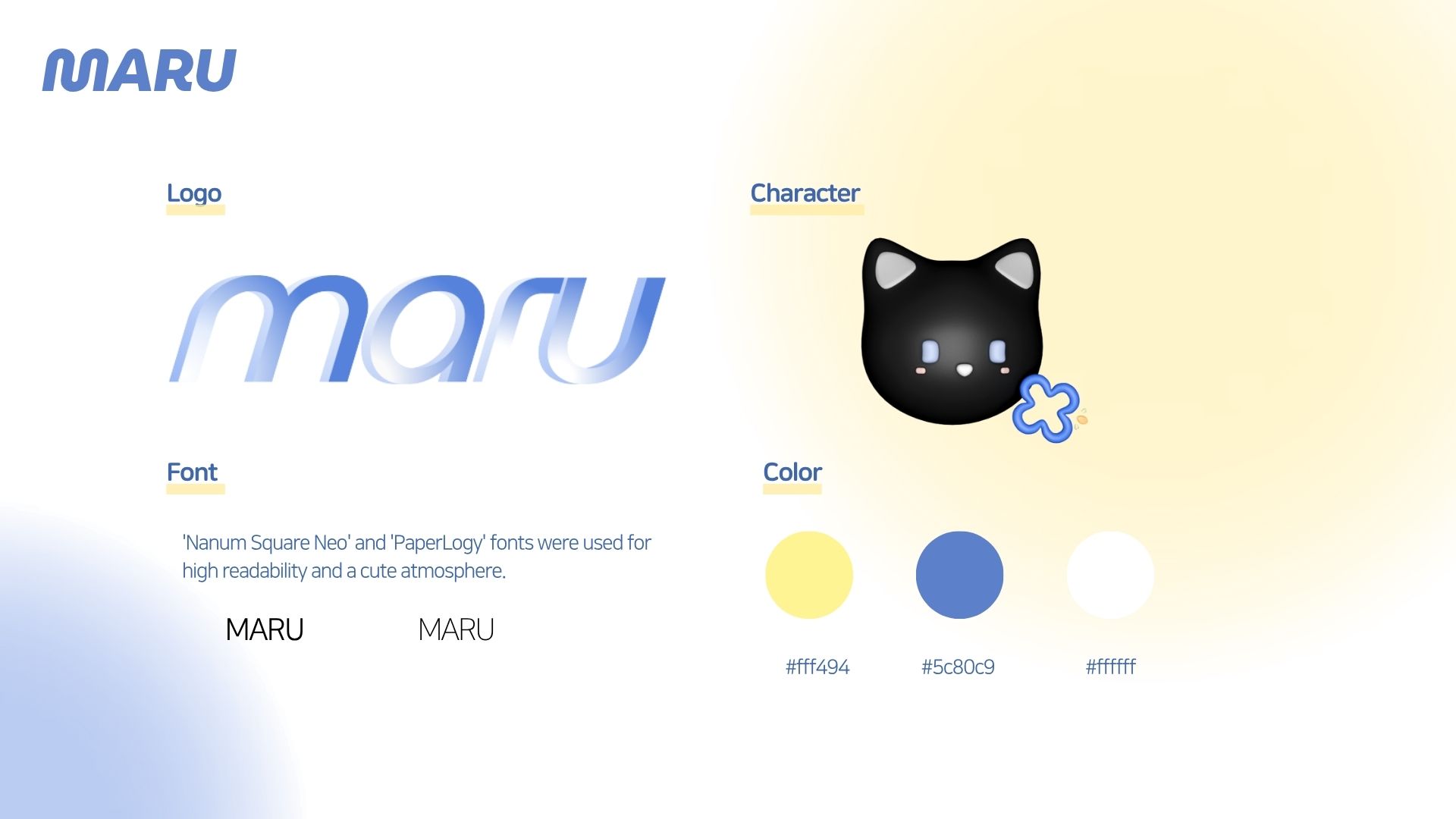 Maru brand system — logo, character, font, and color specifications